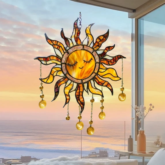 Stained Glass Sun Suncatcher, Hanging Window Ornament with Beads for Home & Garden Decor