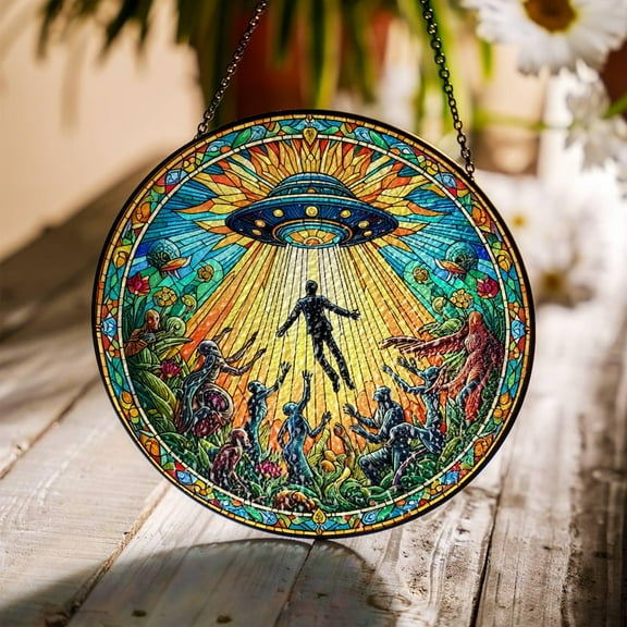 Stained Glass SunCatcher Alien UFO Abduction LightCatcher Cryptid Window Hanging Home Decoration Alien Cryptozoology Decor