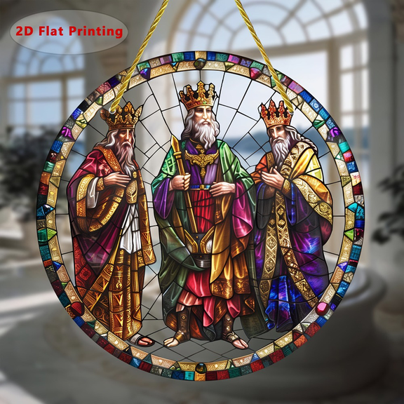 Stained Glass Suncatcher 8In Round Acrylic Three Wise Men Magi 2D Flat Printed Window Hanging Garden Home Church Colorful Decorative Pendant Easy Hang Light Catcher Christmas Ornament Gift Nylon Rope
