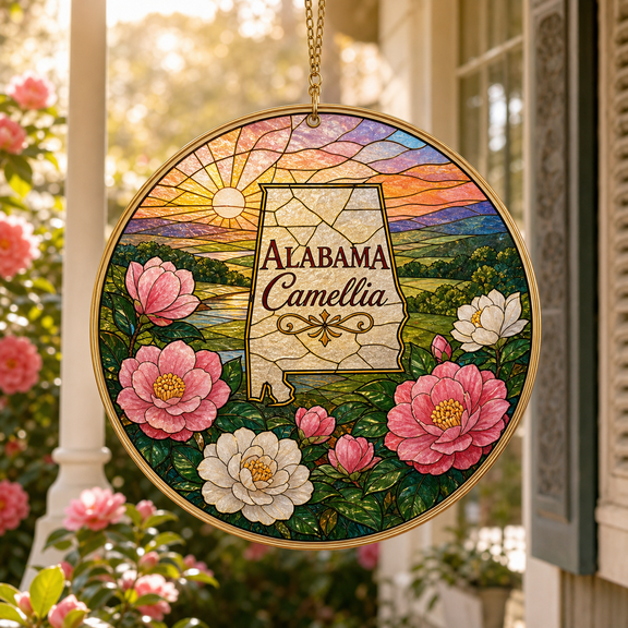 Stained Glass Suncatcher Alabama Camellia Window Hanging for State Flower Gift
