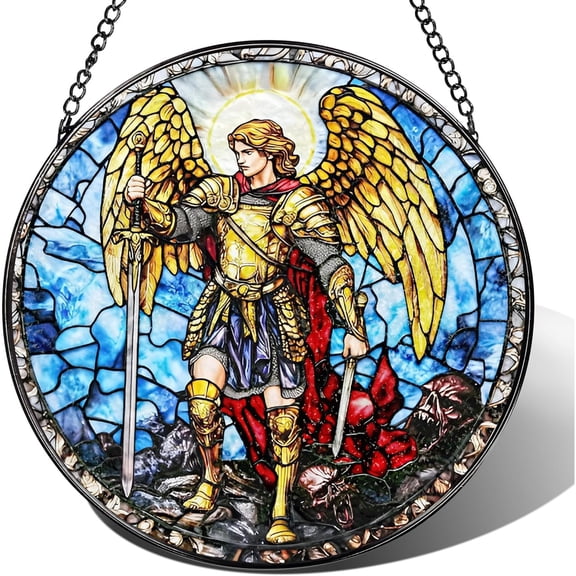 Stained Glass Suncatcher, Archangel Michael Sun Catcher Ornament; Stained Glass Window Hanging, Warrior Angel Window Decor, 6.3x6.3in