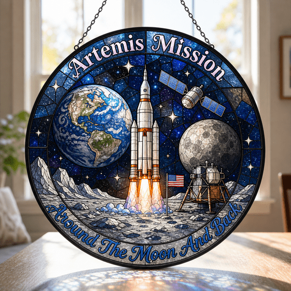 Stained Glass Suncatcher Artemis Moon Mission Metal Rim Window Hanging for Space Fans