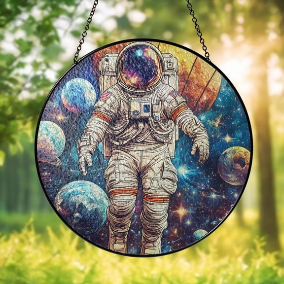 Stained Glass Suncatcher, Astronaut Abduction Art, Sci-Fi Space Art, Alien Decor, Cosmic Home Accent, Gift for Women, Mother's day gift