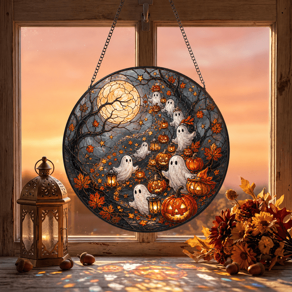Stained Glass Suncatcher Autumn Ghost Pumpkin Window Decor Halloween