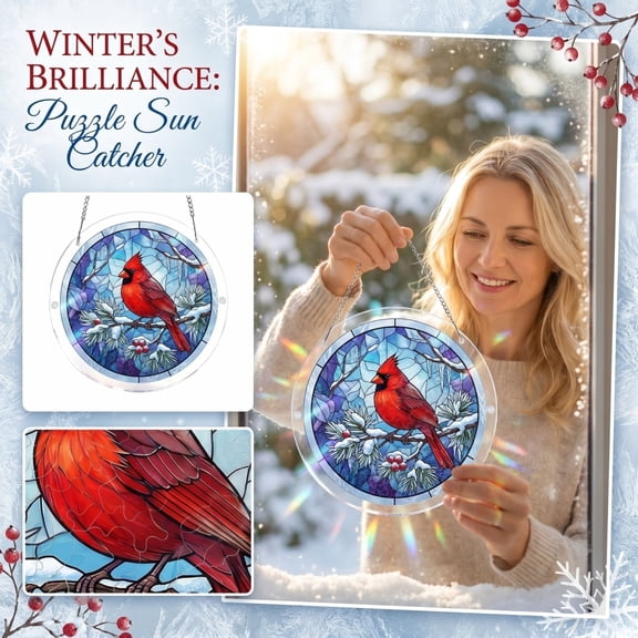 Stained Glass Suncatcher, Bird Decor for Home, Cardinal Garden Decor, Stained Glass Window Hanging, 7.5 Inch Diameter Acrylic Hanging Pendant, Snowy Winter Red Cardinal Window
