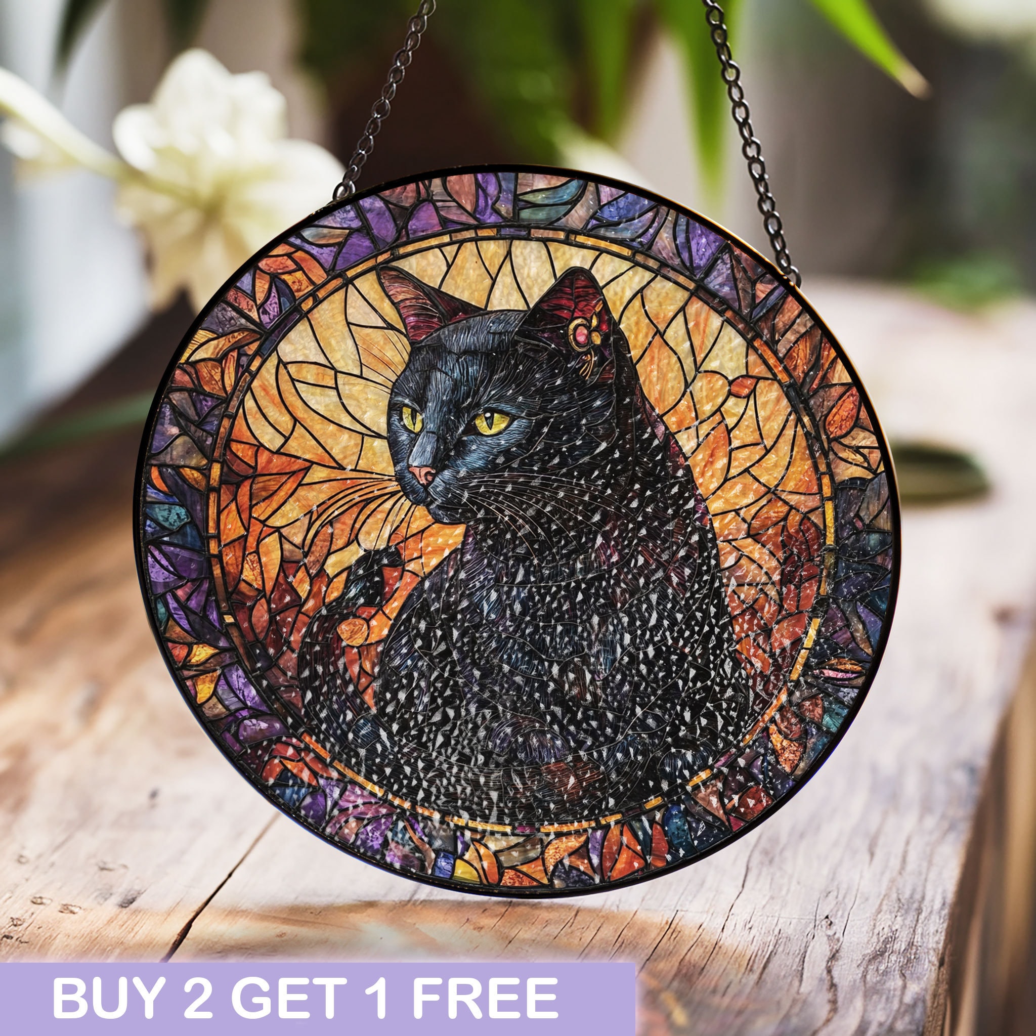 Stained Glass Suncatcher Black Cat, Halloween Cat Window Hanging ...
