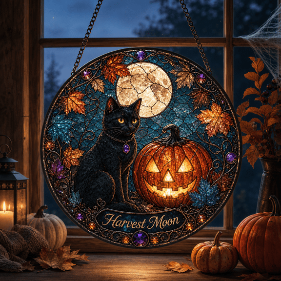 Stained Glass Suncatcher Black Cat Pumpkin Window Hanging for Halloween Cat Lovers