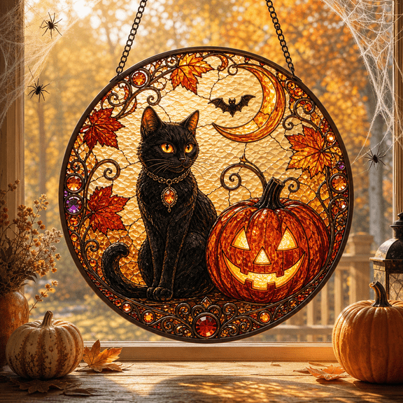 Stained Glass Suncatcher Black Cat Pumpkin Window Hanging for Halloween Lovers