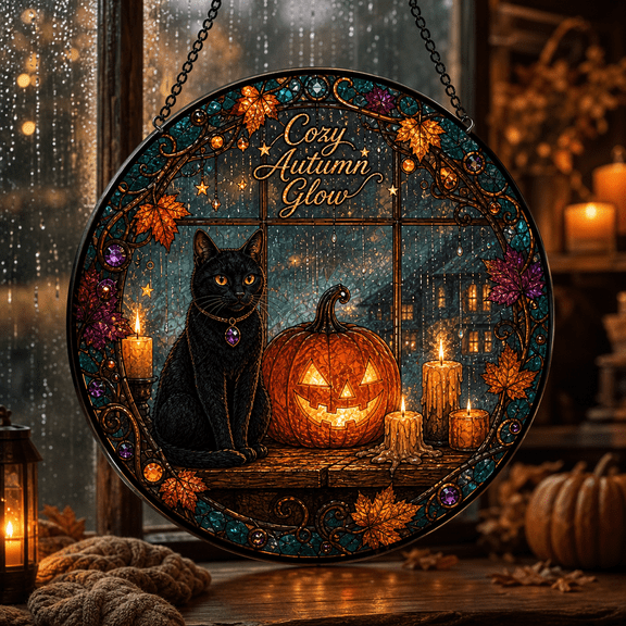 Stained Glass Suncatcher Black Cat Pumpkin Window Hanging for Halloween Lovers