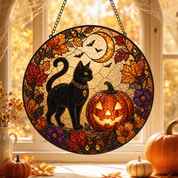 Stained Glass Suncatcher Black Cat and Glowing Pumpkin Window Hanging for Halloween Lovers