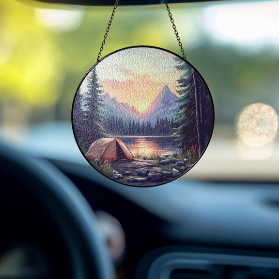 Stained Glass Suncatcher, Camping Lake & Mountain Window Decor, Rustic Cabin Ornament, Nature Lover Gift, Adventure Sun Catcher for Home & Car