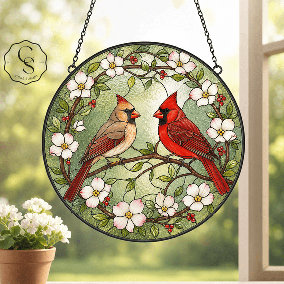 Stained Glass Suncatcher Cardinal Blossom Glass Window Hanging for Bird Lovers