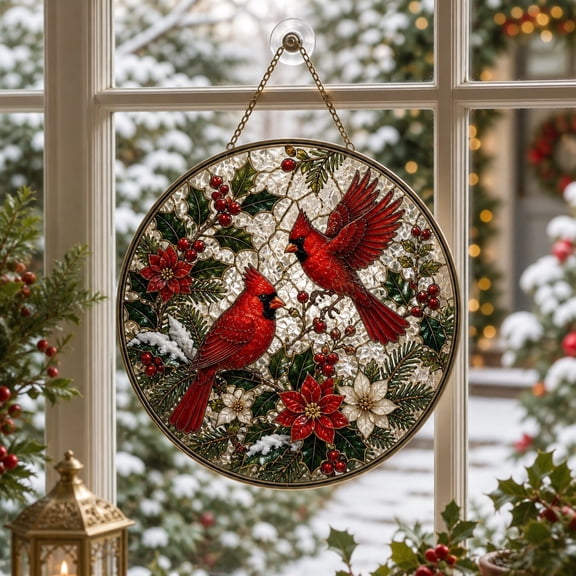 Cardinal Christmas Stained Glass Suncatcher Window Hanging for Holiday Bird Gift