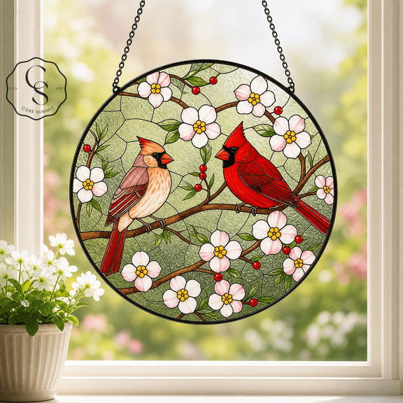 Stained Glass Suncatcher Cardinal Couple Window Hanging for Spring Bird Lovers