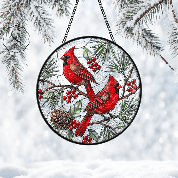 Stained Glass Suncatcher Cardinal Duo Glass Window Hanging for Bird Lovers