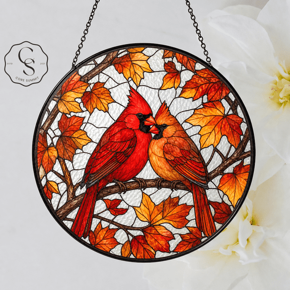 Stained Glass Suncatcher Cardinal Love Birds Glass Window Hanging for Fall Decor Lovers