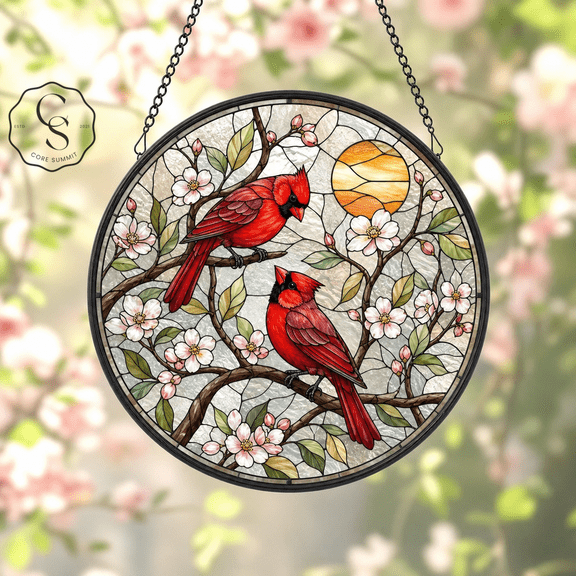 Stained Glass Suncatcher Cardinal Lovebirds Glass Window Hanging for Bird Lovers