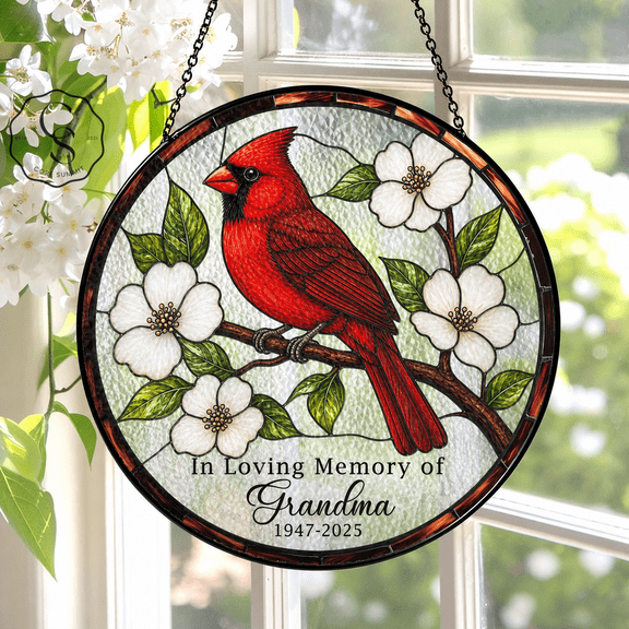Stained Glass Suncatcher Cardinal Memorial Glass Window Hanging for Grandma Remembrance Gift