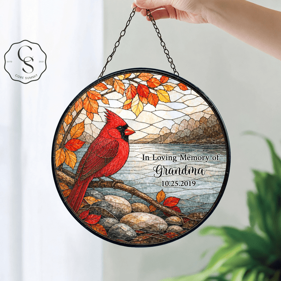 Stained Glass Suncatcher Cardinal Memorial Glass Window Hanging for Grandma Remembrance Gift