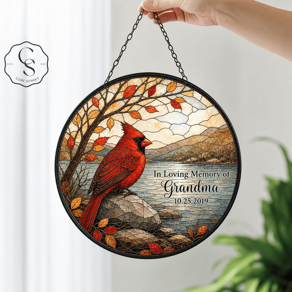 Stained Glass Suncatcher Cardinal Memorial Glass Window Hanging for Grandma Remembrance