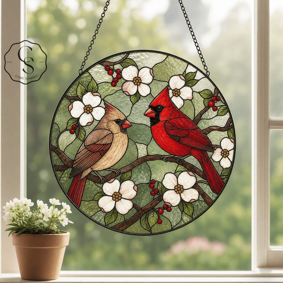 Stained Glass Suncatcher Cardinal Pair Window Hanging Gift for Bird Lovers