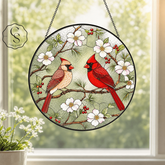 Stained Glass Suncatcher Cardinal Pair Window Hanging for Bird Lover Gift