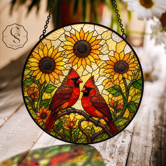 Stained Glass Suncatcher Cardinal Sunflower Glass Window Hanging for Bird Lovers