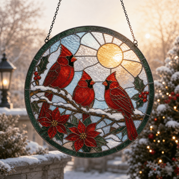 Stained Glass Suncatcher Cardinal Winter Scene Window Hanging for Christmas Bird Lovers