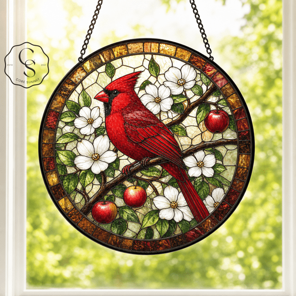 Stained Glass Suncatcher Cardinal and Apple Blossom Glass Window Hanging for Bird Lovers