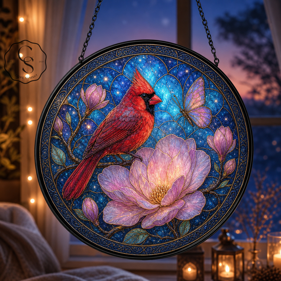 Stained Glass Suncatcher Cardinal and Floral Glass Window Hanging for Bird Lovers