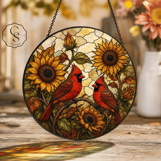 Stained Glass Suncatcher Cardinal and Sunflower Window Hanging for Bird Lovers