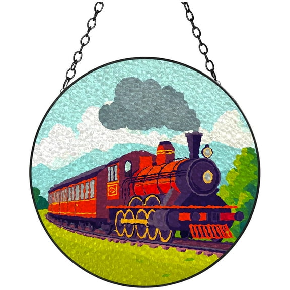 Stained Glass Suncatcher Cartoon Old Steam Train Colored Handmade Window Hangings Glass Suncatcher Crafts Kits for Indoor Garden Christmas Decor Memorial Gift 16x16cm(2)