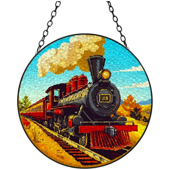 Stained Glass Suncatcher Cartoon Old Steam Train Colored Handmade Window Hangings Glass Suncatcher Crafts Kits for Indoor Garden Christmas Decor Memorial Gift 16x16cm(1)