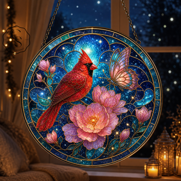 Stained Glass Suncatcher Celestial Red Cardinal Glass Window Hanging for Bird Lovers