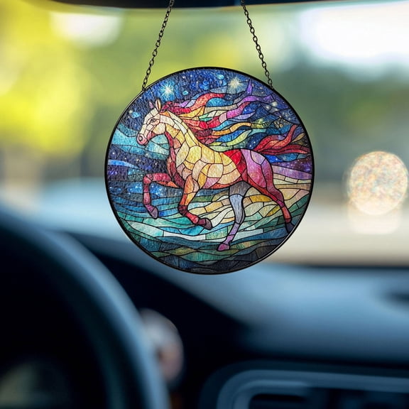 Stained Glass Suncatcher, Colorful Horse Window Hanging, Wild Mustang Decor, Equestrian Gift, Artistic Sun Catcher for Home & Car