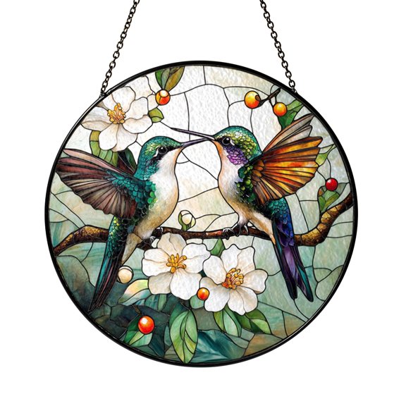 Stained Glass Suncatcher Colorful Hummingbirds on Branch with White Blossoms and Green Leaves, Elegant Window Hanging Decor for Home, Bright Sunlit Rooms