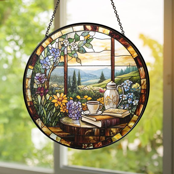 Stained Glass Suncatcher Cottage Window Hanging Home Decor Books Floral Relaxing Countryside View Cozy Morning Coffee