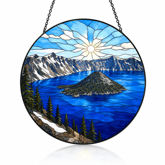 Stained Glass Suncatcher Crater Lake and Wizard Island Window Hanging for Nature Lovers