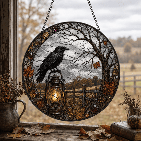 Stained Glass Suncatcher Crow on Lantern Window Hanging for Fall Gothic Decor