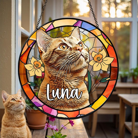 Stained Glass Suncatcher Custom Cat Portrait Personalized Pet Keepsake Memorial Gift Dog Cat Lover