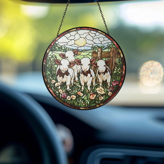 Stained Glass Suncatcher, Cute Calves & Farm Meadow Window Decor, Rustic Country Ornament, Farmhouse Sun Catcher for Home & Car