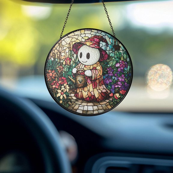 Stained Glass Suncatcher, Cute Ghost & Flower Garden Window Decor, Whimsical Cottagecore Ornament, Halloween Sun Catcher for Home & Car