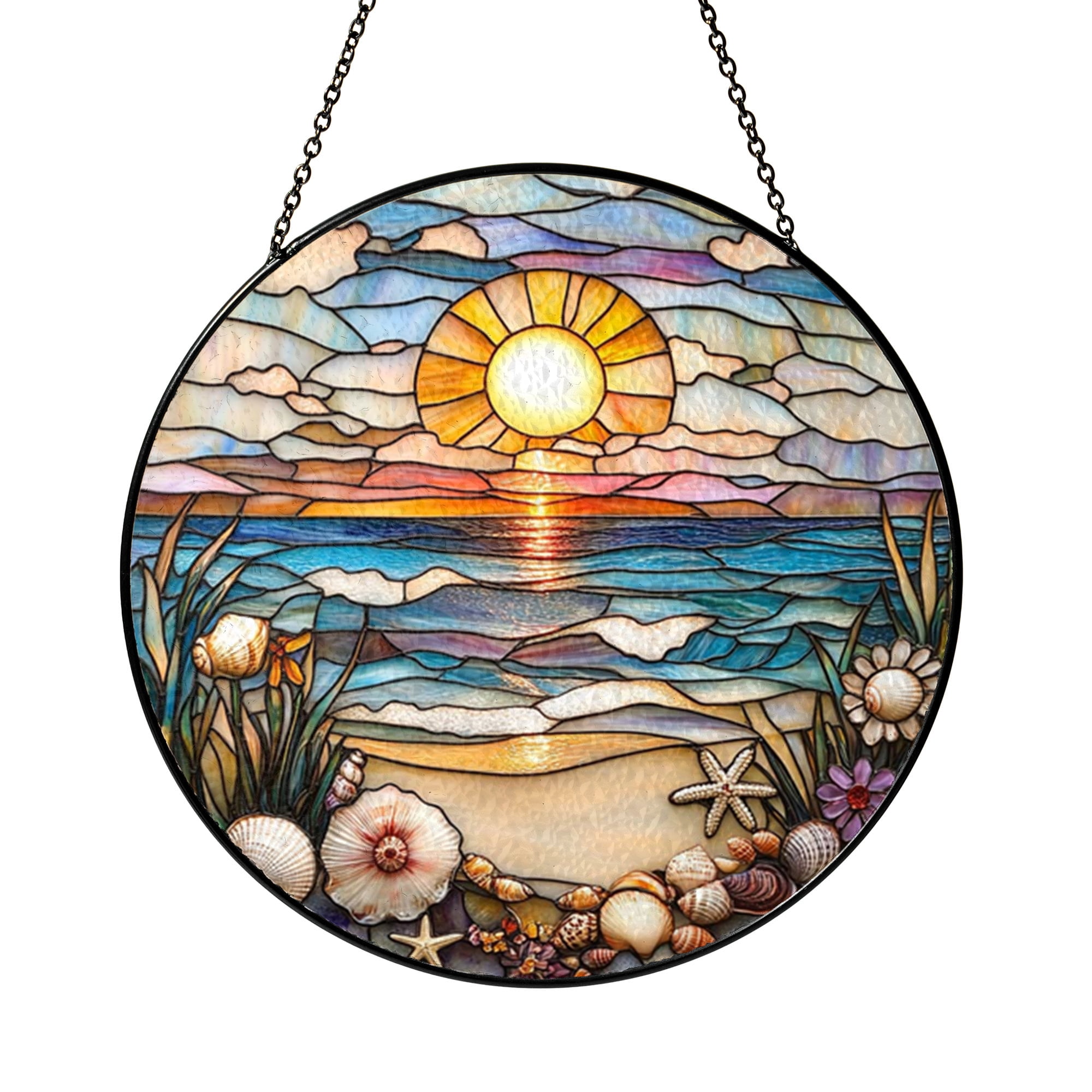 Stained Glass Suncatcher Featuring Sunrise over Ocean Waves, Window ...