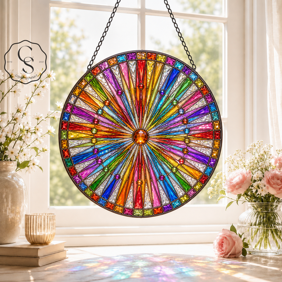 Stained Glass Suncatcher Fine-Ray Spectrum Burst Glass Window Hanging for Mom