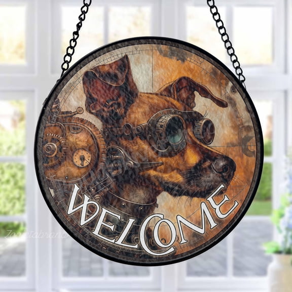 Steampunk Dog Stained Glass Suncatcher Metal Outdoor Decor Steampunk Art Rustic Bronze