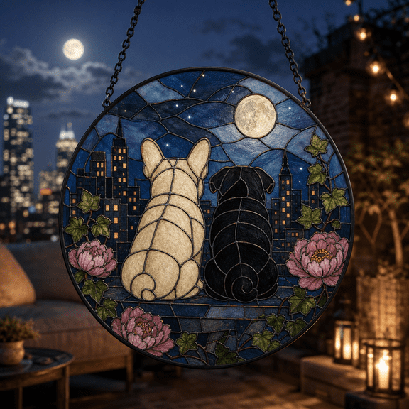 Stained Glass Suncatcher French Bulldog and Pug Glass Window Hanging for Dog Lovers