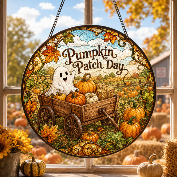 Stained Glass Suncatcher Ghost in Wagon Pumpkin Patch Window Hanging for Halloween Decor