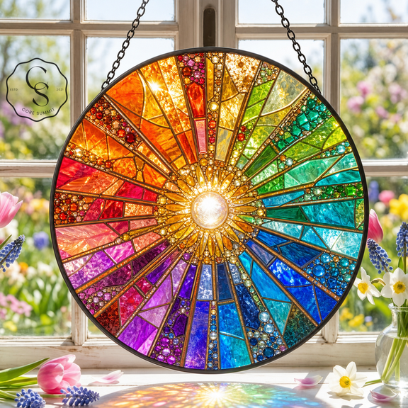 Stained Glass Suncatcher Golden Rainbow Sun Glass Window Hanging for Mom Gift