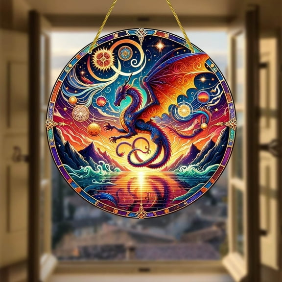 Stained Glass Suncatcher Hand Painted Fire Dragon Window Hanging Fantasy Home Decor Real Glass Art Gift for Men Car Rearview Mirror Ornament