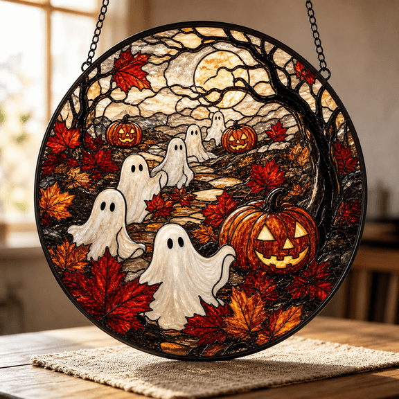 Stained Glass Suncatcher Maple Leaf Ghost Window Decor for Halloween
